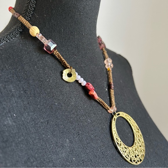 Chico’s Gold Pendant Beaded Statement Necklace - Picture 3 of 5